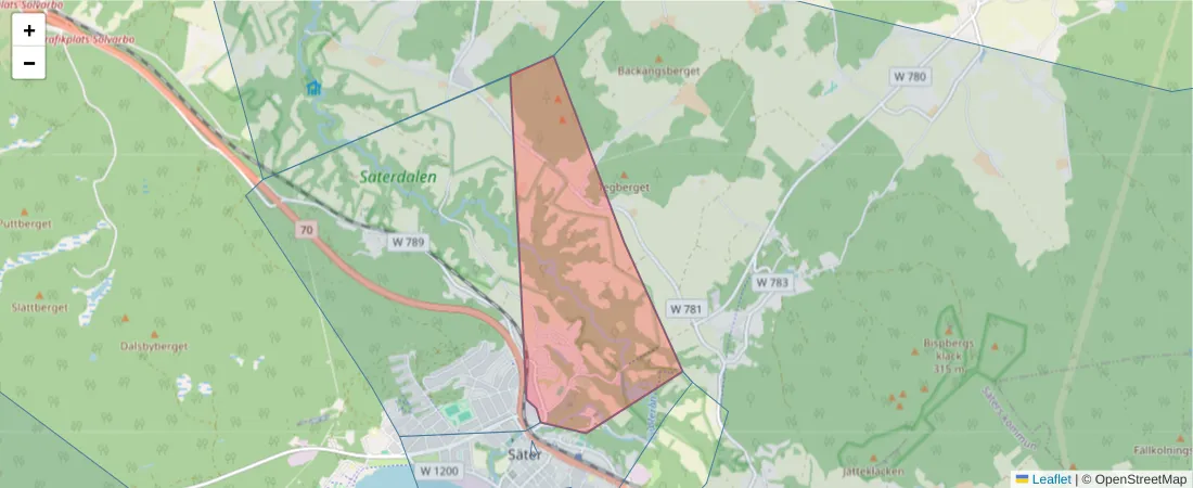 Karta över postnummerområdet  och angränsande postnummer i Sverige