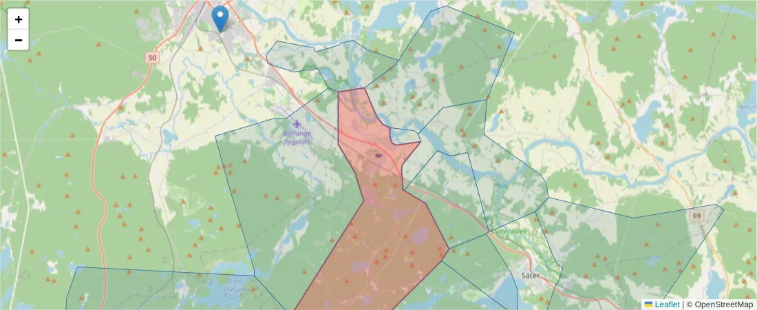 Karta över postnummerområdet  och angränsande postnummer i Sverige