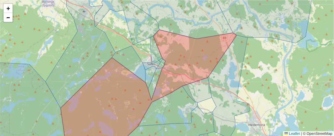 Karta över postnummerområdet  och angränsande postnummer i Sverige