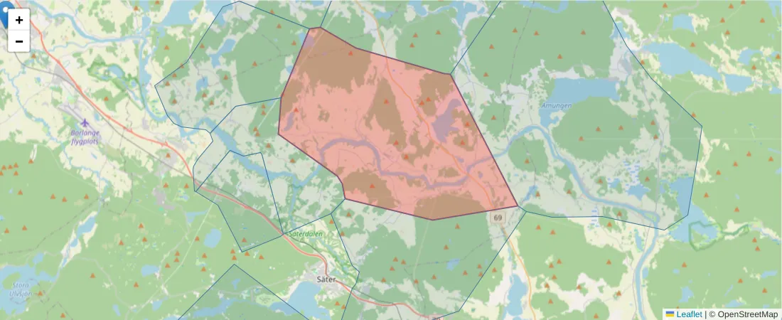 Karta över postnummerområdet  och angränsande postnummer i Sverige