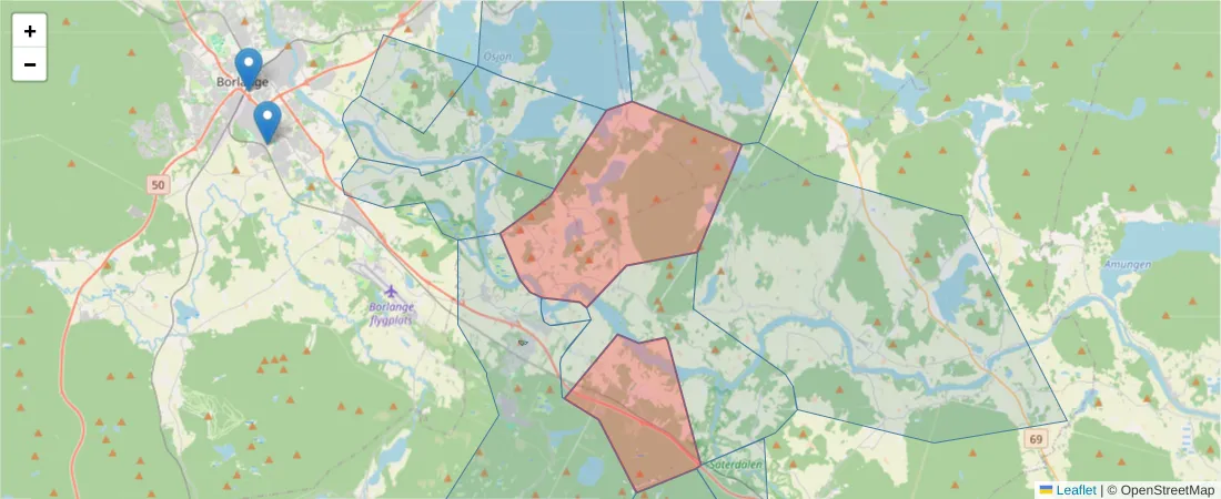 Karta över postnummerområdet  och angränsande postnummer i Sverige
