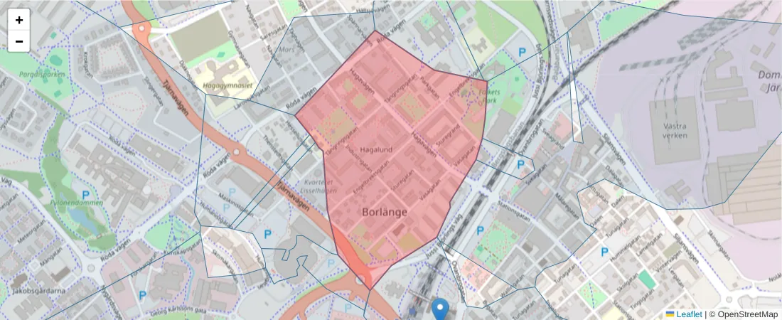 Karta över postnummerområdet  och angränsande postnummer i Sverige