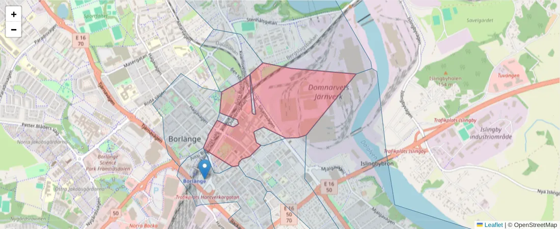 Karta över postnummerområdet  och angränsande postnummer i Sverige