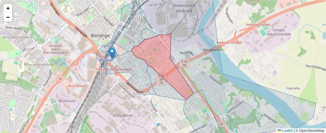 Karta över postnummerområdet  och angränsande postnummer i Sverige