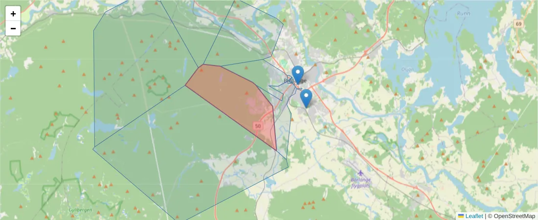 Karta över postnummerområdet  och angränsande postnummer i Sverige