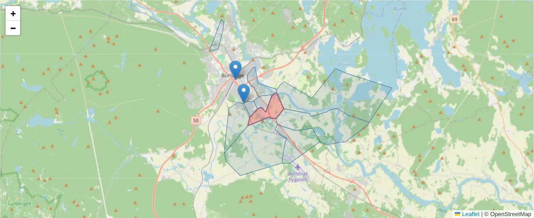 Karta över postnummerområdet  och angränsande postnummer i Sverige
