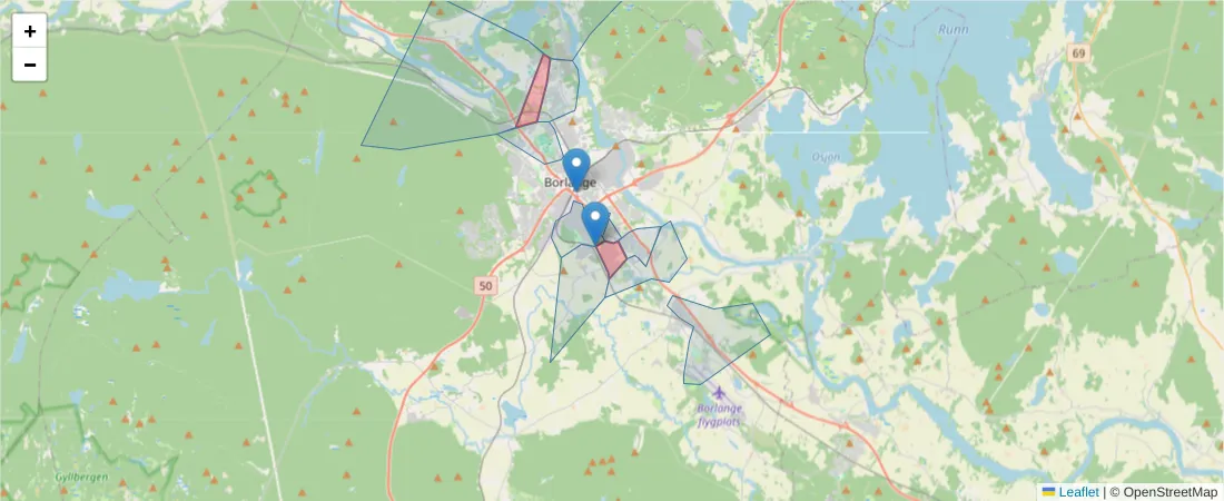 Karta över postnummerområdet  och angränsande postnummer i Sverige