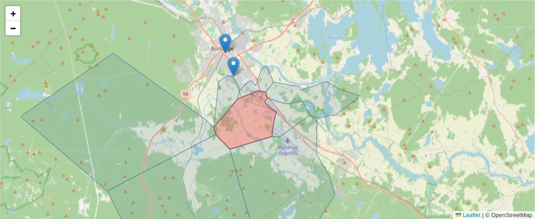 Karta över postnummerområdet  och angränsande postnummer i Sverige
