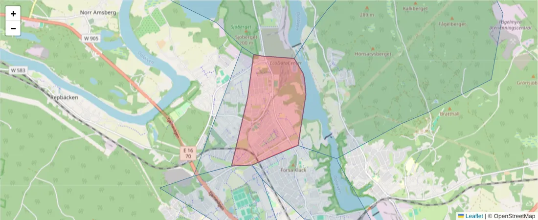 Karta över postnummerområdet  och angränsande postnummer i Sverige