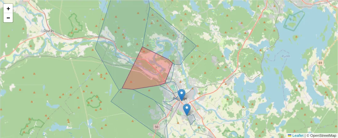 Karta över postnummerområdet  och angränsande postnummer i Sverige