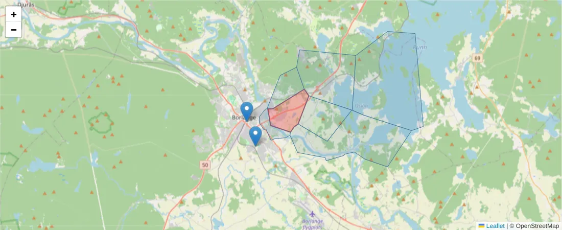 Karta över postnummerområdet  och angränsande postnummer i Sverige
