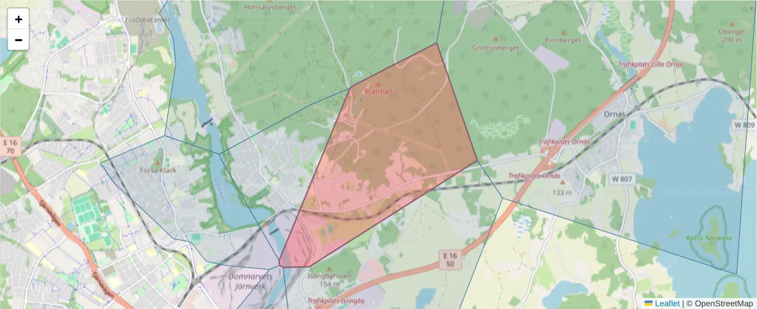 Karta över postnummerområdet  och angränsande postnummer i Sverige