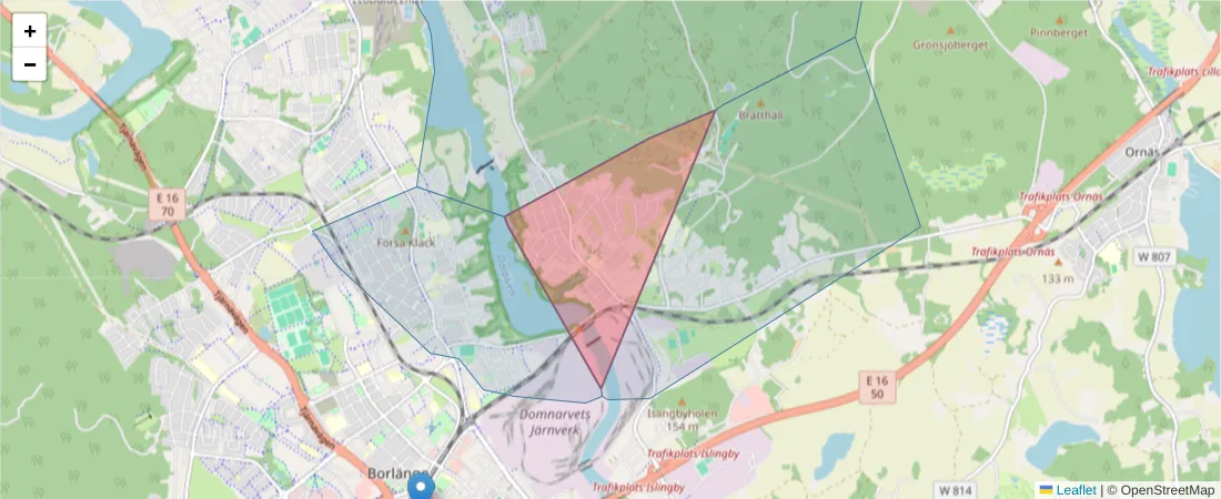 Karta över postnummerområdet  och angränsande postnummer i Sverige