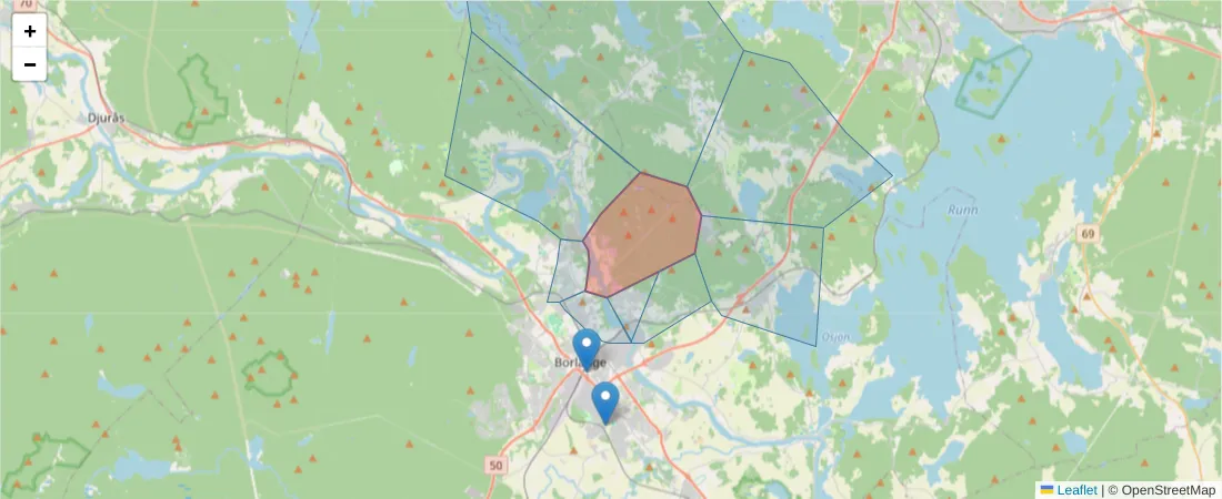 Karta över postnummerområdet  och angränsande postnummer i Sverige
