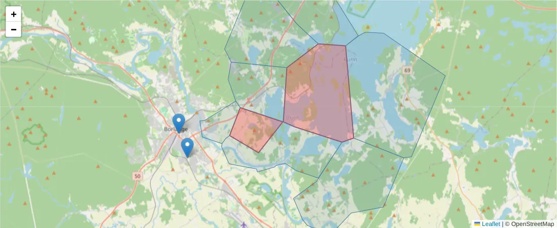 Karta över postnummerområdet  och angränsande postnummer i Sverige