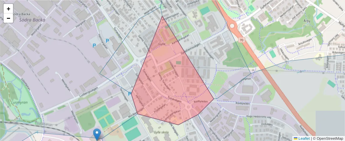 Karta över postnummerområdet  och angränsande postnummer i Sverige