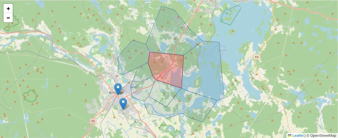 Karta över postnummerområdet  och angränsande postnummer i Sverige