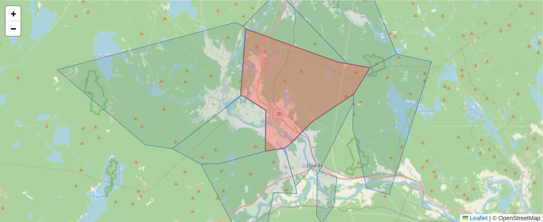 Karta över postnummerområdet  och angränsande postnummer i Sverige