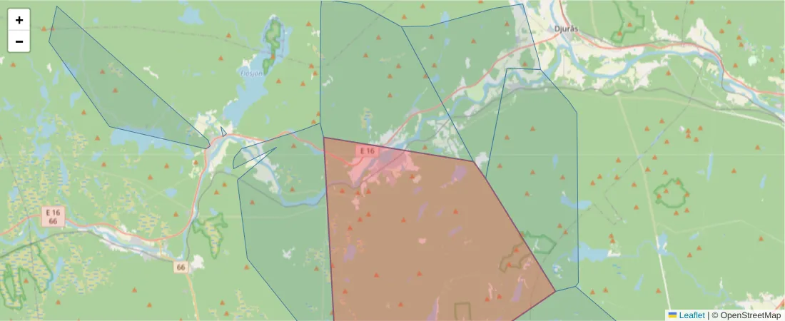 Karta över postnummerområdet  och angränsande postnummer i Sverige