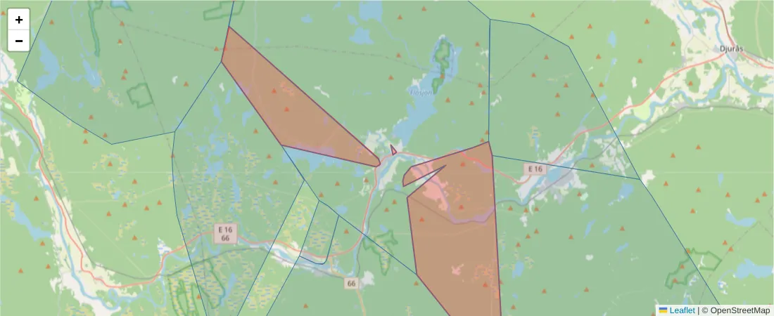 Karta över postnummerområdet  och angränsande postnummer i Sverige