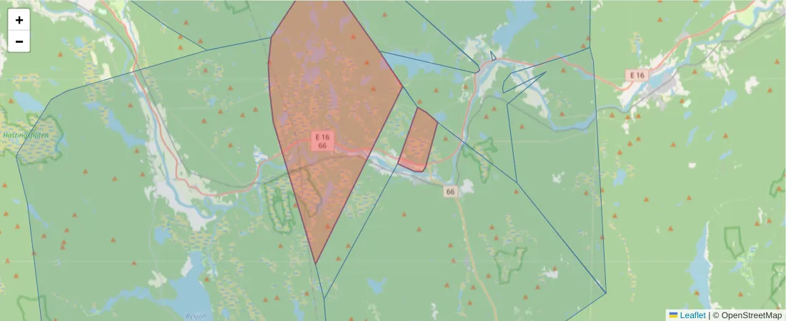 Karta över postnummerområdet  och angränsande postnummer i Sverige