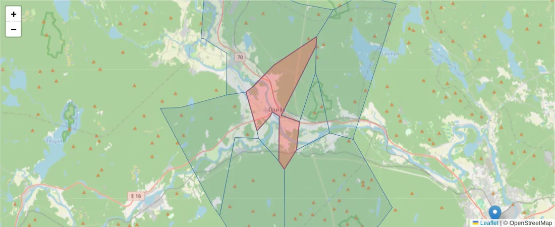 Karta över postnummerområdet  och angränsande postnummer i Sverige