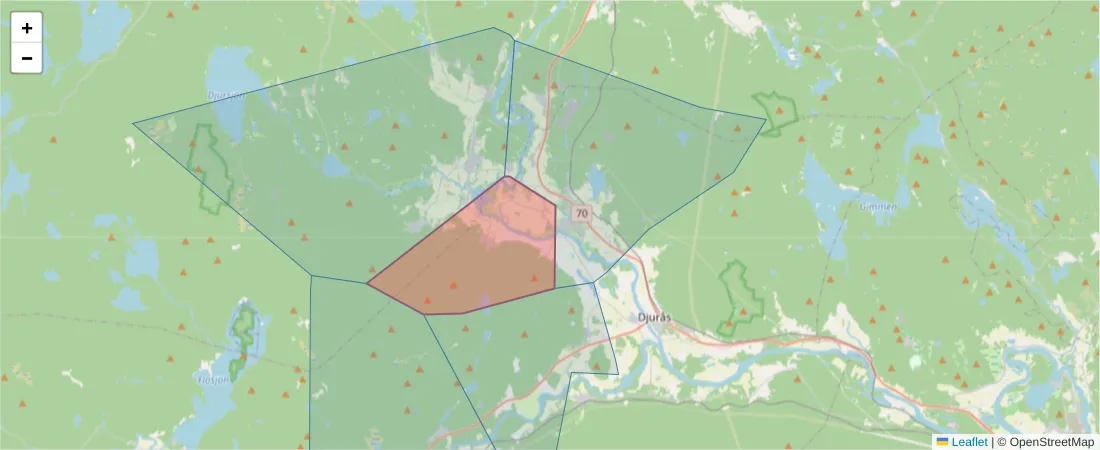 Karta över postnummerområdet  och angränsande postnummer i Sverige