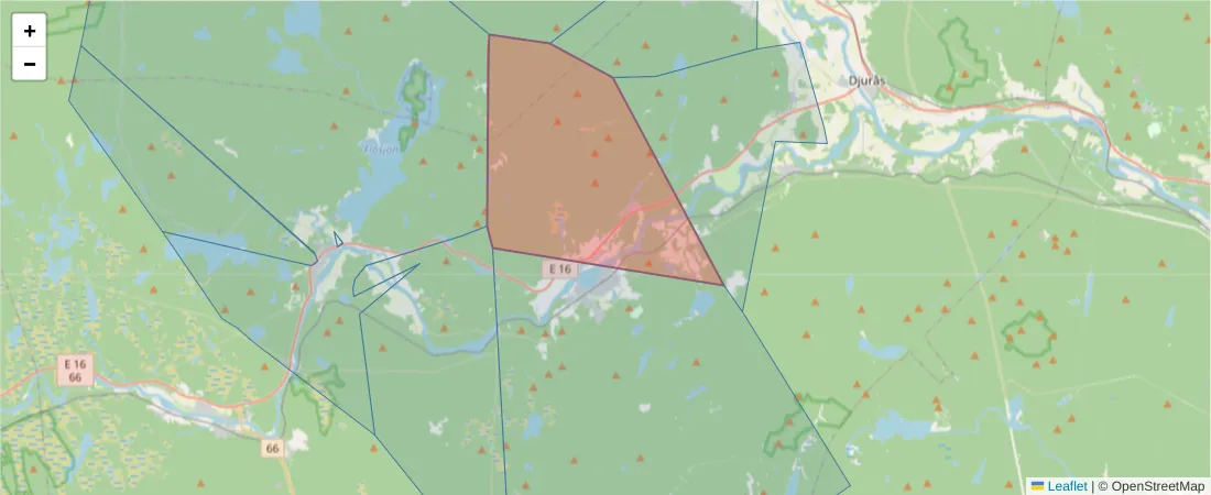 Karta över postnummerområdet  och angränsande postnummer i Sverige