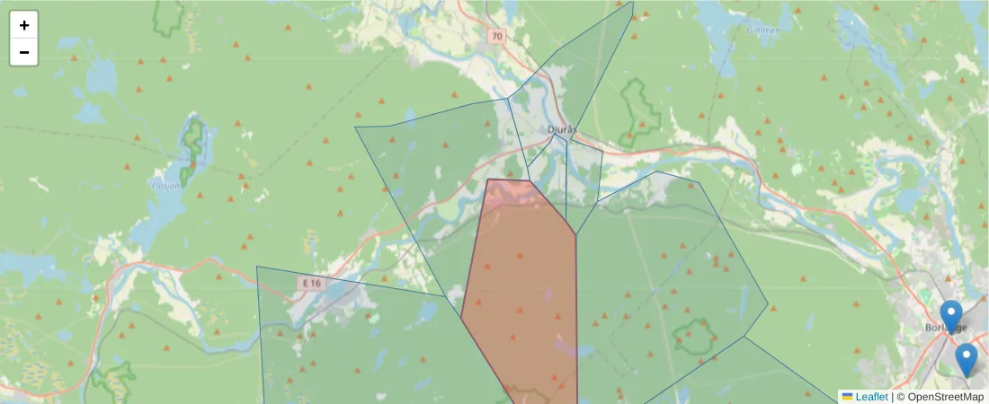 Karta över postnummerområdet  och angränsande postnummer i Sverige