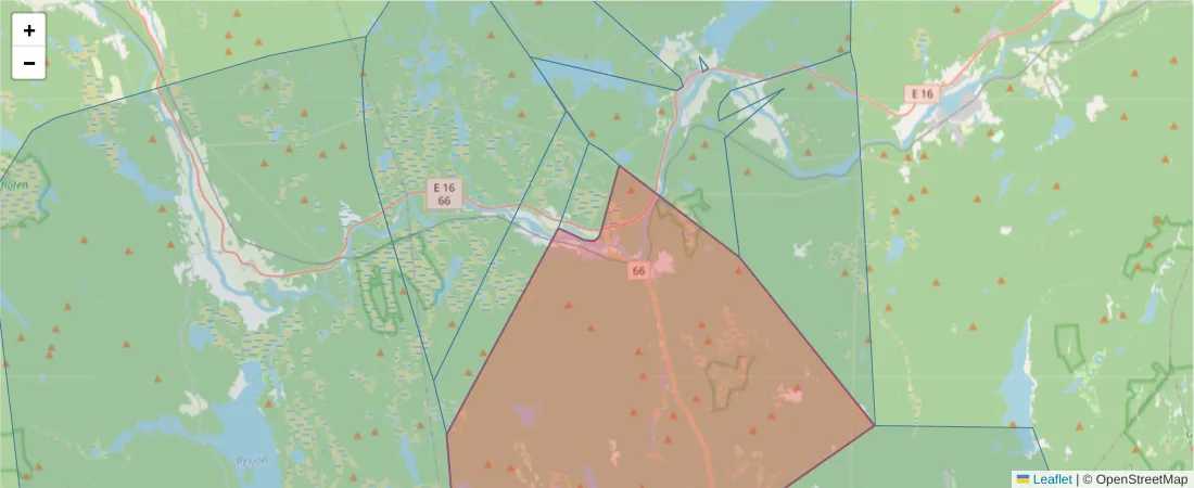 Karta över postnummerområdet  och angränsande postnummer i Sverige
