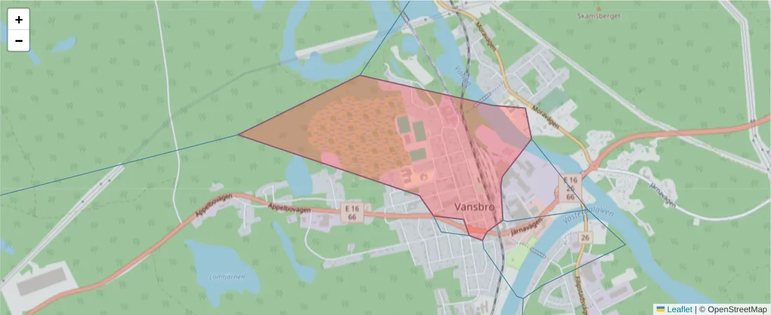 Karta över postnummerområdet  och angränsande postnummer i Sverige