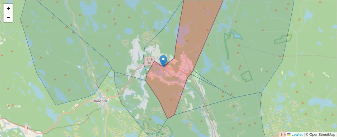 Karta över postnummerområdet  och angränsande postnummer i Sverige
