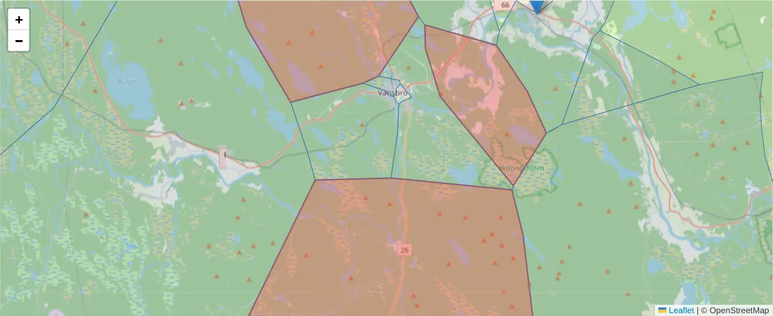 Karta över postnummerområdet  och angränsande postnummer i Sverige