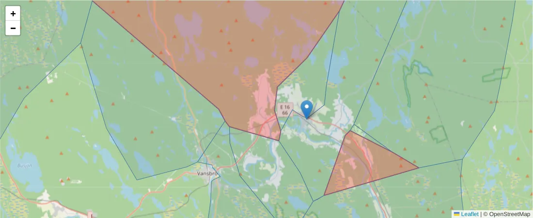 Karta över postnummerområdet  och angränsande postnummer i Sverige