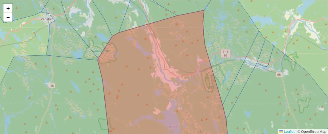 Karta över postnummerområdet  och angränsande postnummer i Sverige