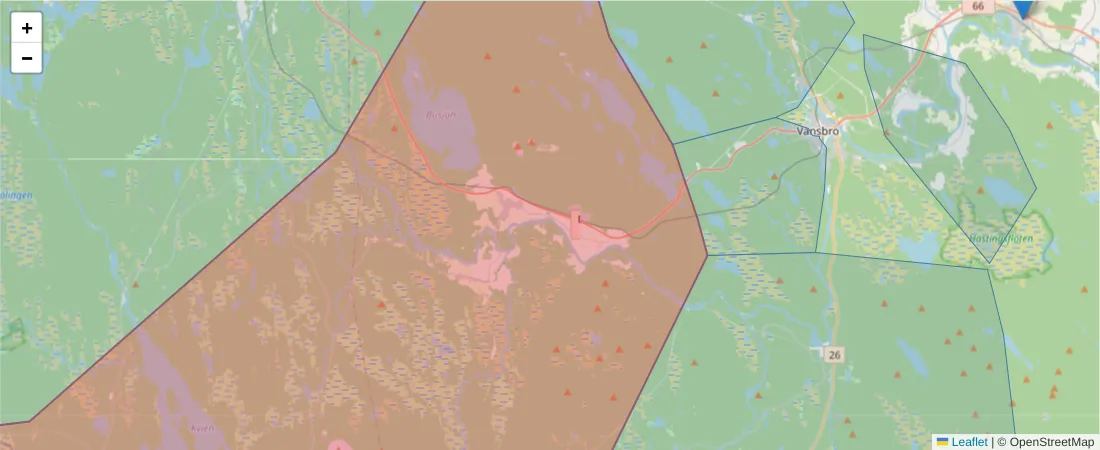 Karta över postnummerområdet  och angränsande postnummer i Sverige