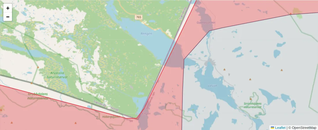 Karta över postnummerområdet  och angränsande postnummer i Sverige