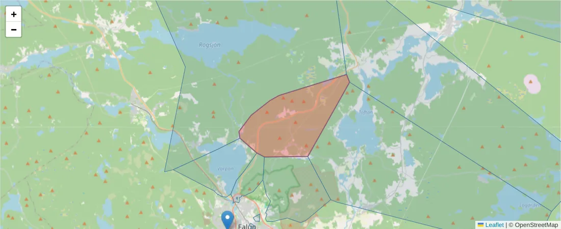 Karta över postnummerområdet  och angränsande postnummer i Sverige