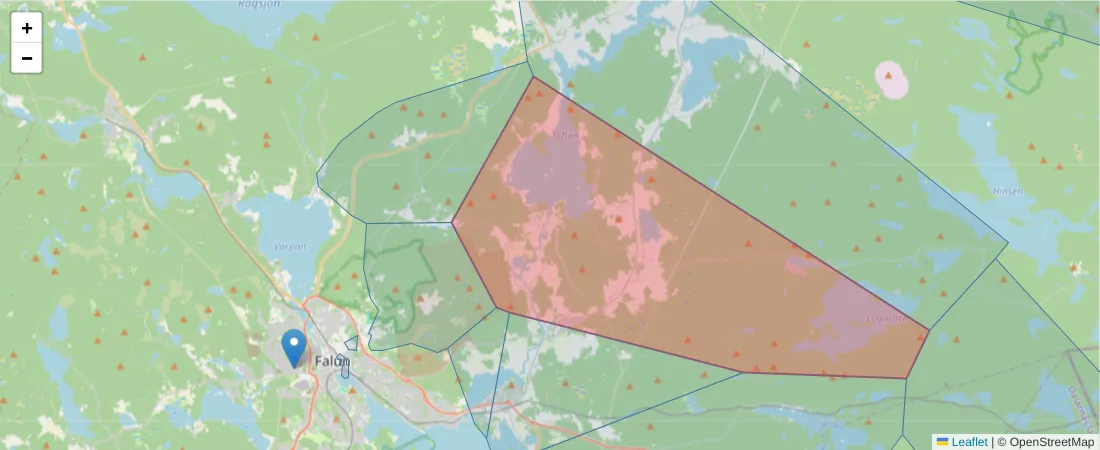 Karta över postnummerområdet  och angränsande postnummer i Sverige