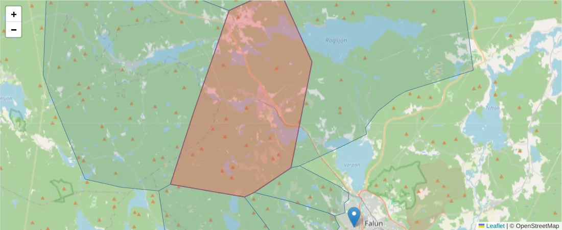 Karta över postnummerområdet  och angränsande postnummer i Sverige