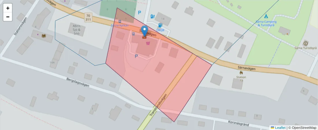 Karta över postnummerområdet  och angränsande postnummer i Sverige
