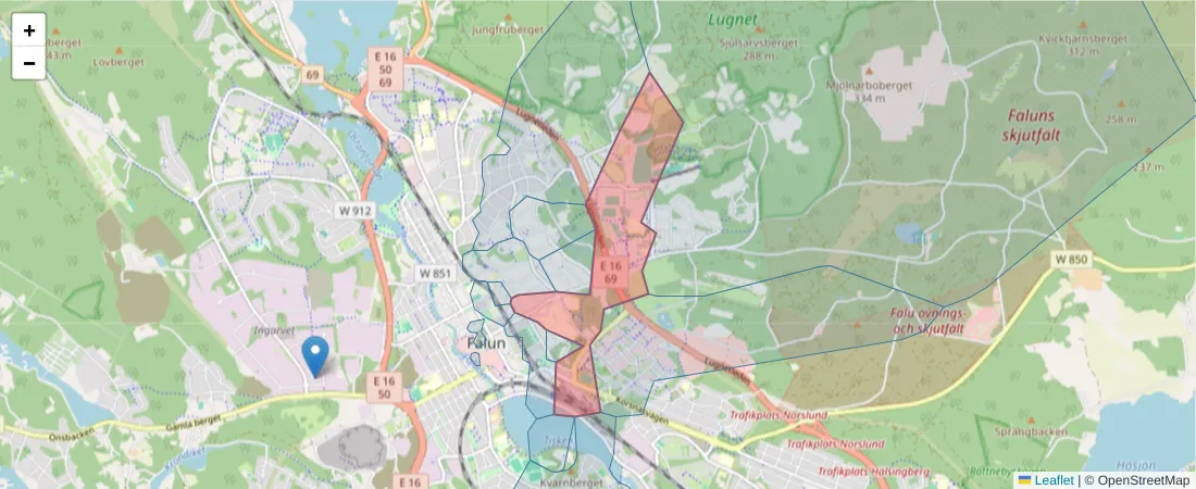 Karta över postnummerområdet  och angränsande postnummer i Sverige