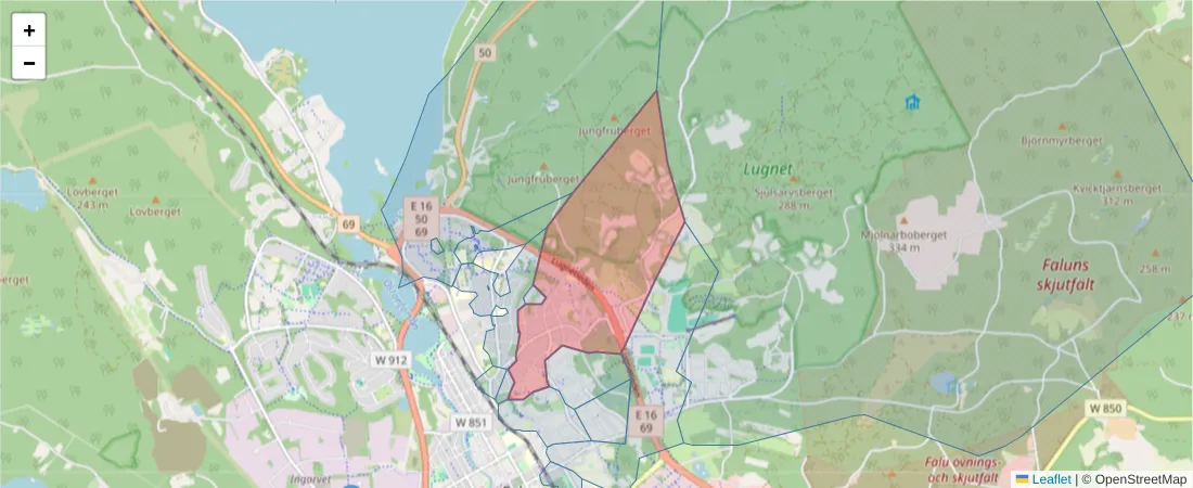 Karta över postnummerområdet  och angränsande postnummer i Sverige