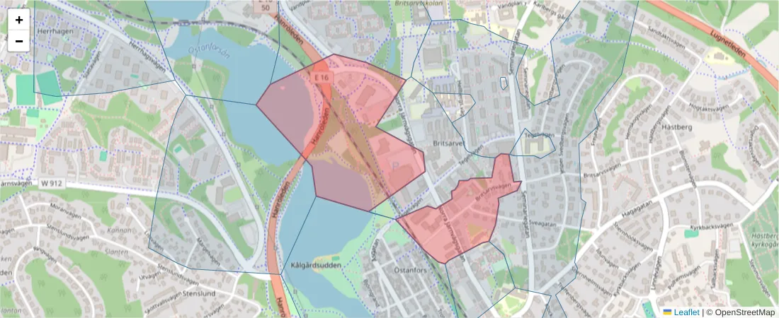 Karta över postnummerområdet  och angränsande postnummer i Sverige