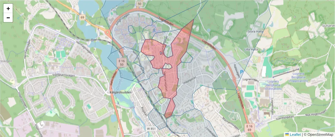 Karta över postnummerområdet  och angränsande postnummer i Sverige