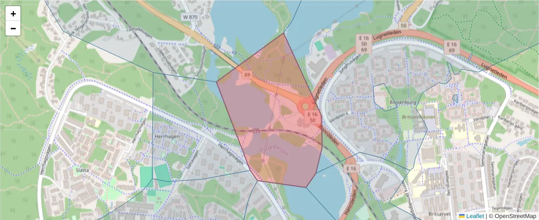 Karta över postnummerområdet  och angränsande postnummer i Sverige