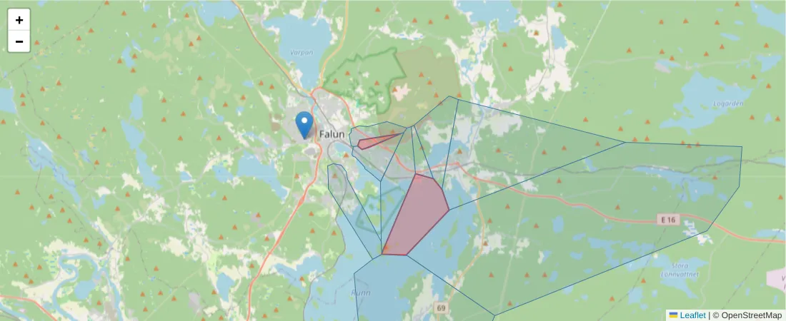 Karta över postnummerområdet  och angränsande postnummer i Sverige