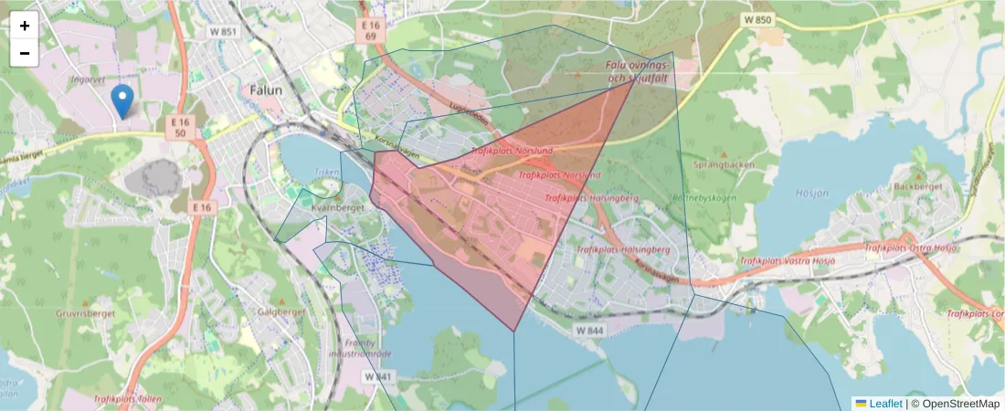 Karta över postnummerområdet  och angränsande postnummer i Sverige