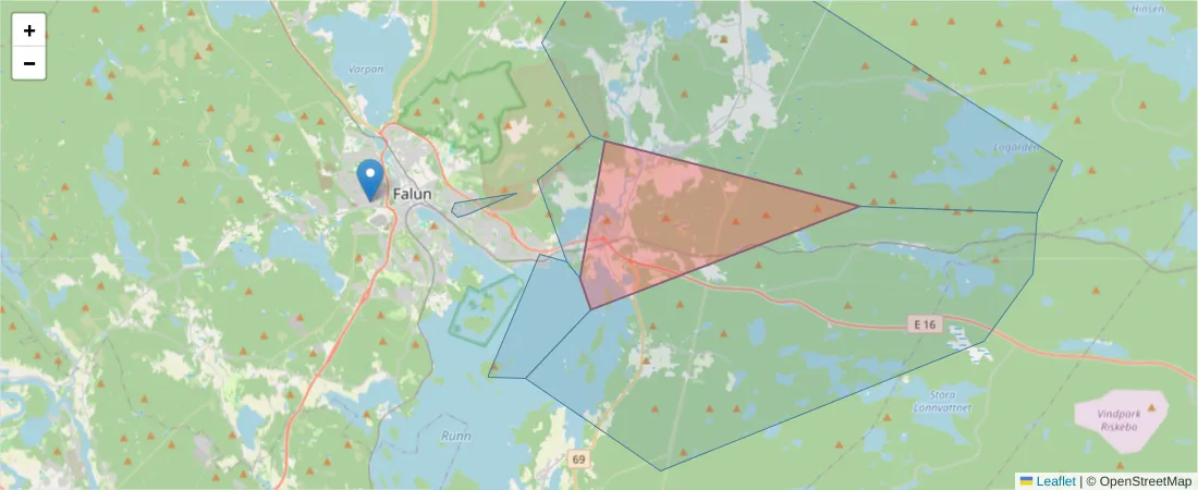 Karta över postnummerområdet  och angränsande postnummer i Sverige