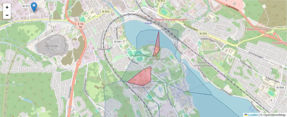 Karta över postnummerområdet  och angränsande postnummer i Sverige